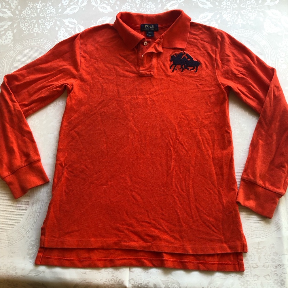 Polo Ralph Lauren Big Navy Blue Pony Long Sleeves Orange Shirt Youth Size L14-16